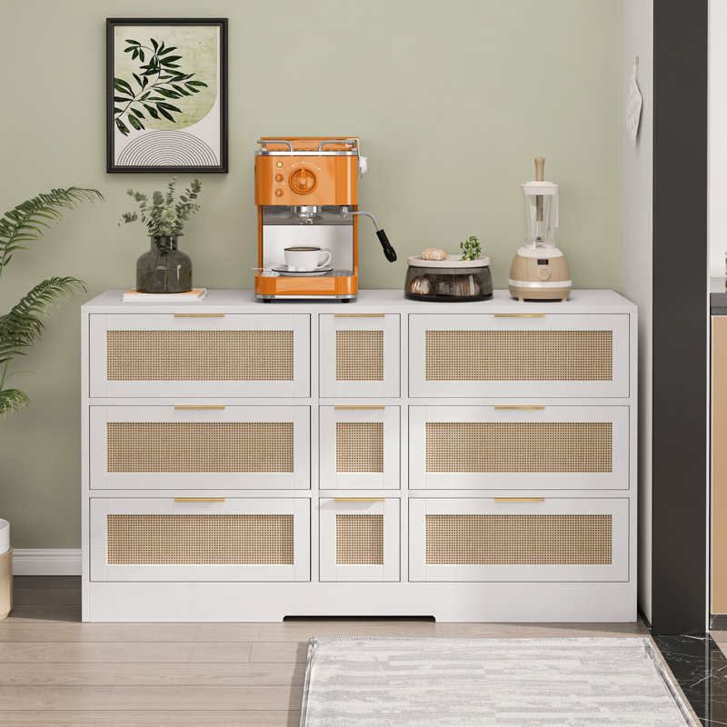 51.2 "Rattan Locker With Drawers, 9 Drawers, Metal Handles For Kitchen, Living Room, Bedroom, White