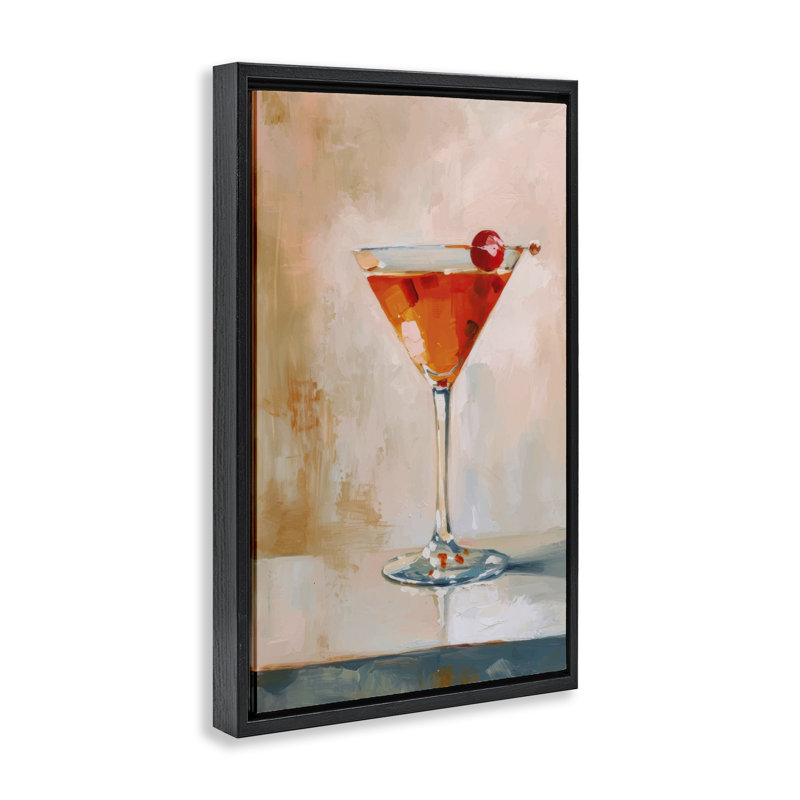  Cocktail Manhattan avec toile cerise par LSR Design Studio, Cadre flottant noir de jais, H 25 po x l 17 po
