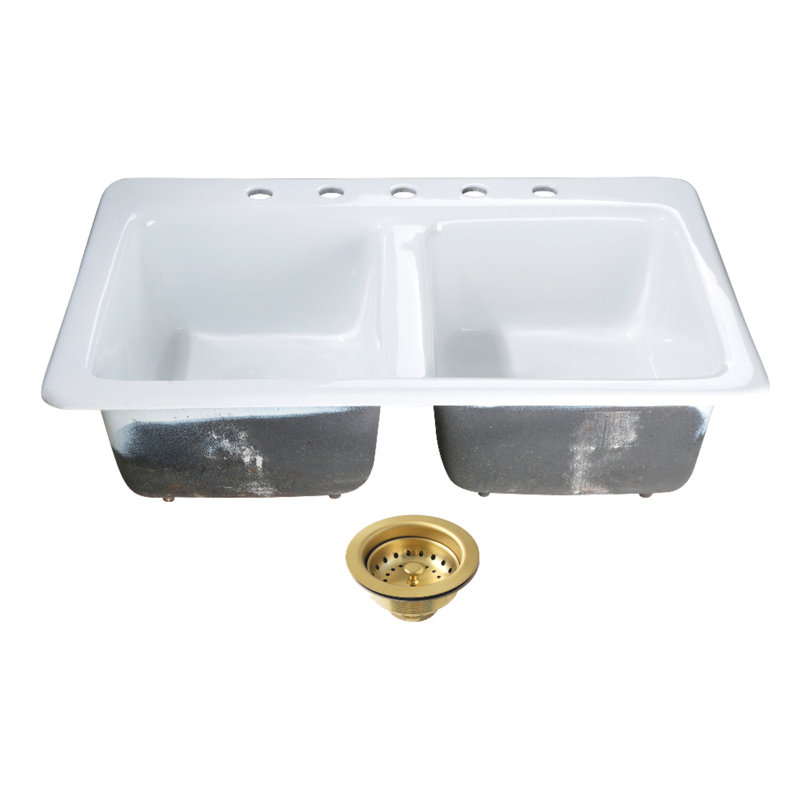 Kingston Brass Petra Galley 15-Inch Cast Iron Self-Rimming Double Bowl Bar Sink With Drain And Stainer, Brushed Brass, 5