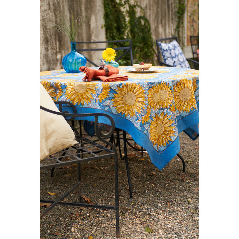 Sunflower Handmade Floral Tablecloth, Blue, 90" W x 90" L