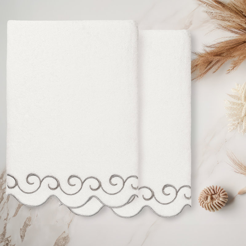  100% Turkish Cotton SIMPLICITY Scallop 2PC Embellished Bath Towel Set, White/Gray, Bath Towel - 2 Pack