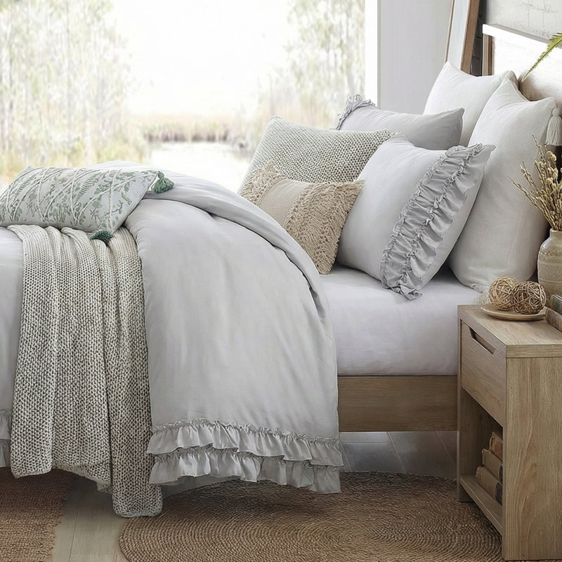 Ensemble de literie à housse de couette à volants et à volants, Housse de couette simple + 2 taies d'oreiller, Gris clair