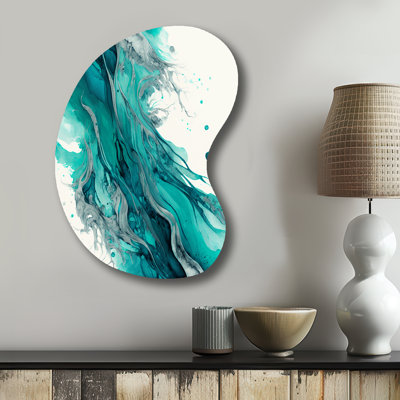 Turquoise Waves In Paradise VII - Abstrait liquide à l'encre liquide - Art mural en métal asymétrique