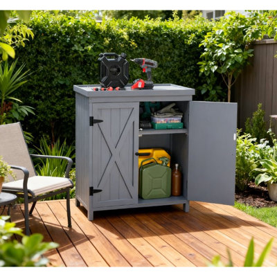 Galvanized Top Outdoor Tool Storage, Two Shelves, Double - Door Design, Solid Wood And Steel, Grey Cabinet, Shelves For Lawn Garden Tools, Natural Finish