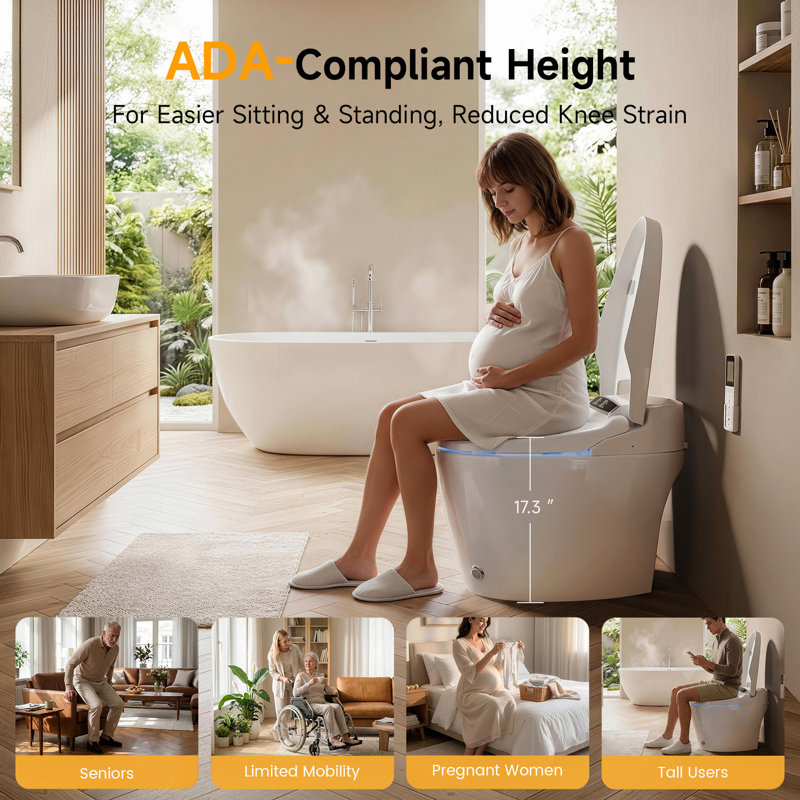 BCANHOME ADA Smart Bidet Toilet with Auto Open/Close Lid, Soft-Closing Heated Seat, Tankless Auto Flush, Massage Clean, Warm Wash/Dryer, ADA Comfort Height, Remote Control