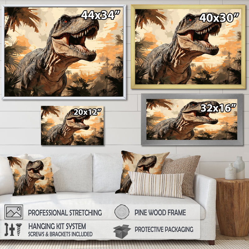 Portrait de trex rétro jurassique I - art de mur de dinosaure, Cadre d'angle fermé noir, H 24 po x l 32 po x P 1 po