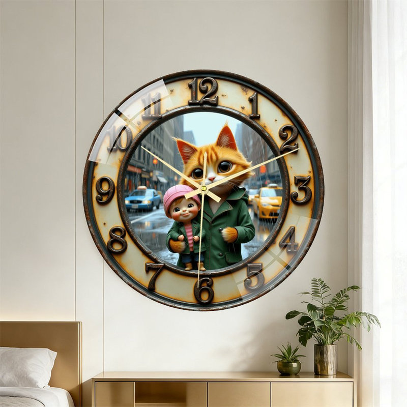 Horloge murale 16 po Cat and Child In City