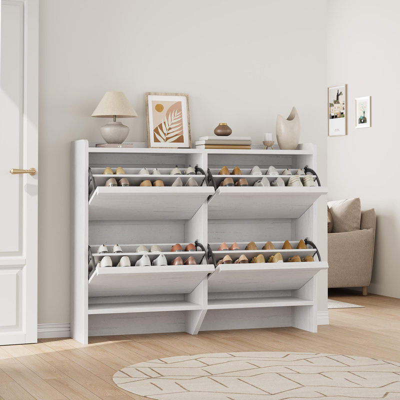 Range-chaussures avec 4 tiroirs rabattables, range-chaussures en bois pour le vestibule, range-chaussures dissimulé avec tablette réglable, armoire à chaussures peu encombrante pour le couloir et le salon, blanc