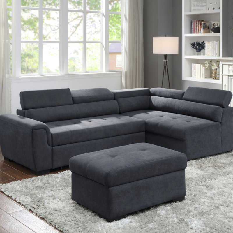 Canapé-lit modulaire en tissu avec repose-tête réglable et repose-pieds avec rangement