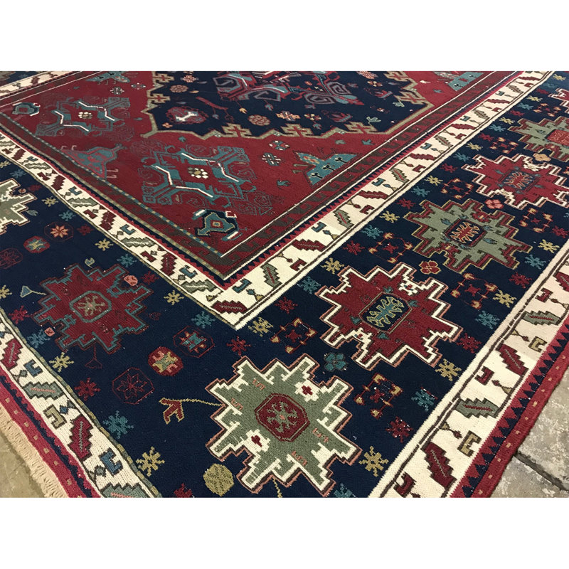 Tapis bleu marine et rouille de haute qualité noué à la main