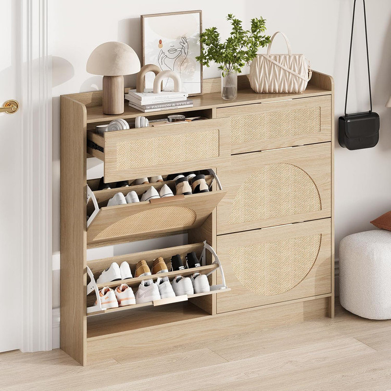 24 Pair Shoe Storage Accessory, Beige Wood