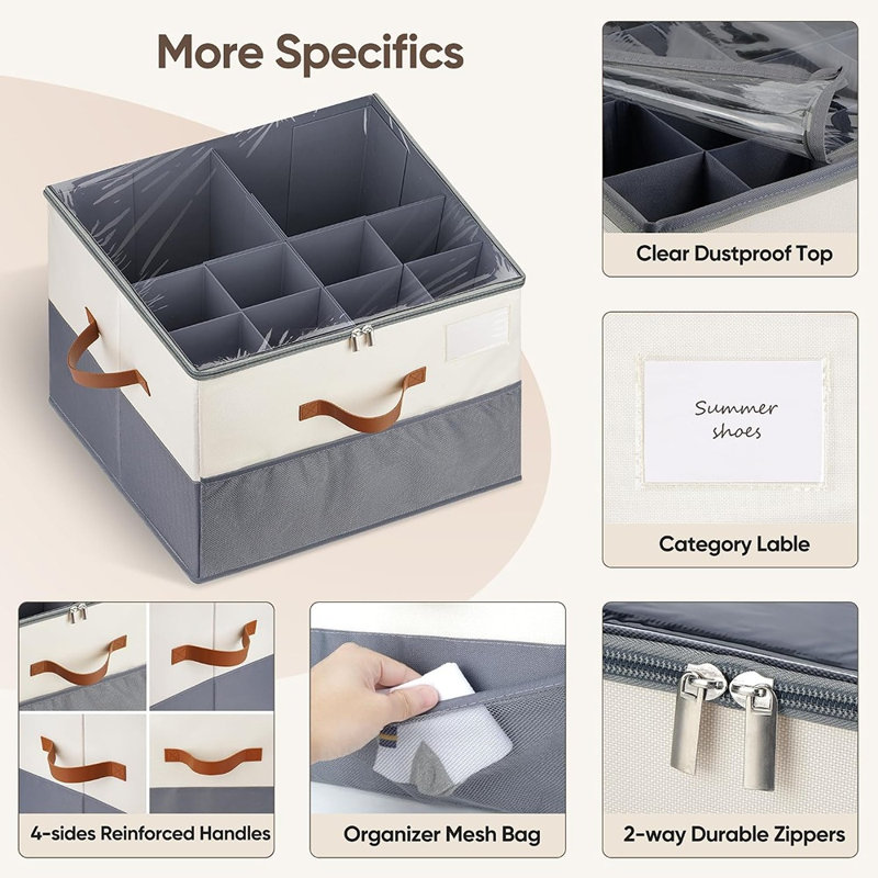 Rangement à chaussures ajustable avec couvercle transparent, séparateurs pliables et poignées renforcées pour garde-robe, entrée et chambre