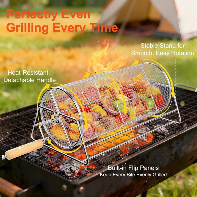 Paniers à roulettes rotatifs rotatifs, acier inoxydable 304, filet de cuisson uniforme, accessoires pour barbecue pour crevettes à légumes, camping en plein air, cadeaux pour anniversaire / hommes / papa / mari