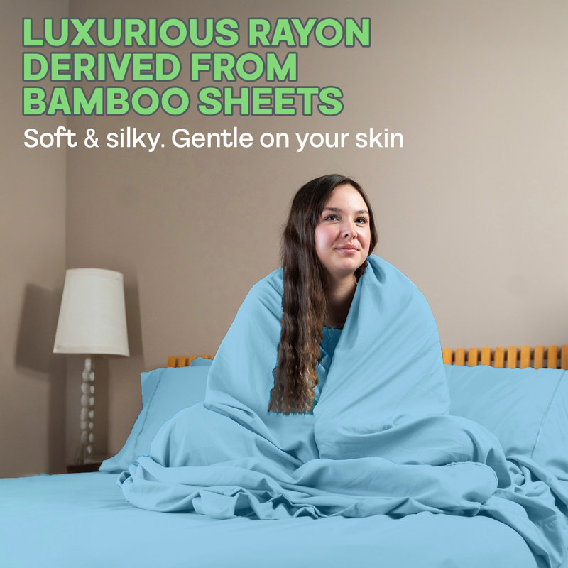 Premium Rayon From Bamboo Blend Sheet Set With Deep Pockets, Cooling and Breathable, Light Blue