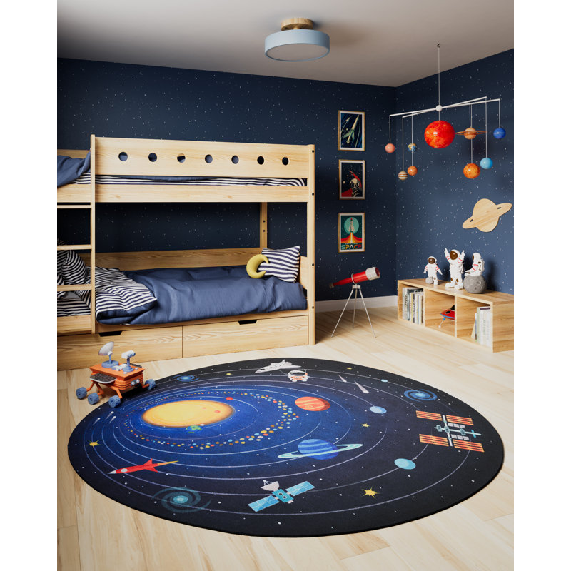 Momeni Playground Space Blue Kid Rug, Novelty 6' x 6'8"