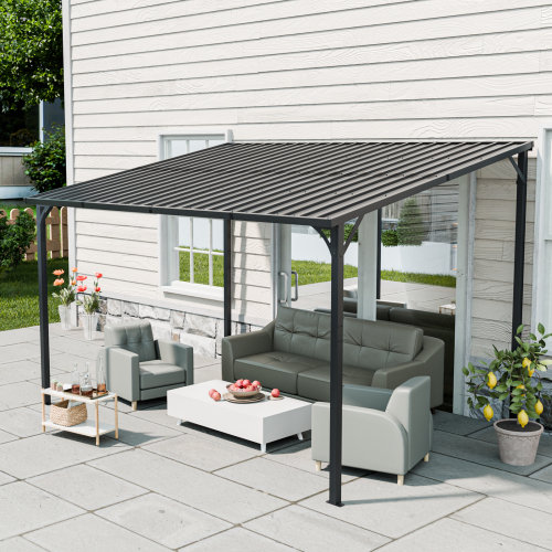 8 ft. x 12 ft. Wall-Mounted Galvanized Steel Hardtop Pergola, 98.62" H x 104.65" W x 148.58" D, Matte Black