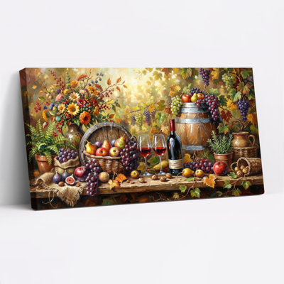 Autumn Harvest Still Life With Grapes Wine Barrel And Flowers Canvas Wrapped Wall Art Oil Painting Print Set Of 1