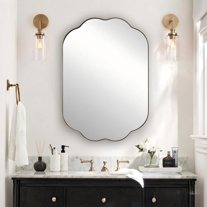 Contemporary Oval Scalloped Bathroom Vanity Wall Mirror | Stainless Steel Frame, Brushed Gold, 38" x 26"