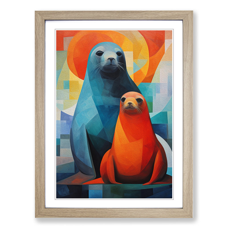Seal Cubism - Single Picture Frame Print on Wood, 46cm H x 34cm W x 2cm D, Oak