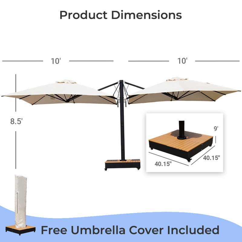 Menades 10' Square Cantilever Acrylic Double-Sided Commercial Umbrella with Base, Black