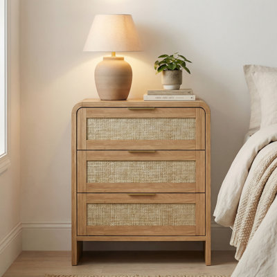 Rattan 3-Drawer Nightstand, 22.8" Wide Curved Wooden Bedside Table With Gold Handles, Modern Storage Cabinet In Caramel Oak