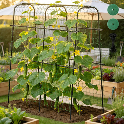 U-Shape Vegetable Trellis, Raised Bed Garden Trellis With Nylon Net, Clips & Cable Ties, Sturdy Metal Frame For Cucumbers, Tomatoes, Beans, Peas