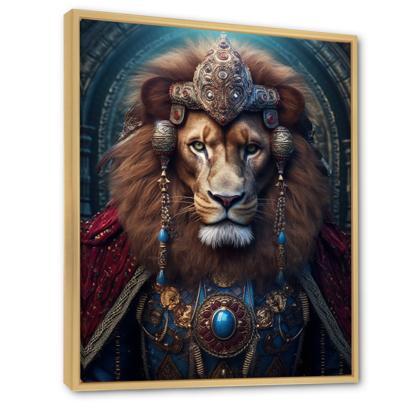 «Majestic Lion Portrait Antique King», reproduction d'art sur lion, 20" H x 12" W, Cadre flottant brun