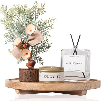 Plateau rond décoratif en bois pour comptoir de salle de bain de style campagnard, décor de cuisine pour porte-savon, parfum, bougie, éponge, 11 po - brun