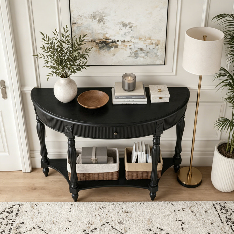 Console demi-lune en bois massif avec tiroir et tablette, Black