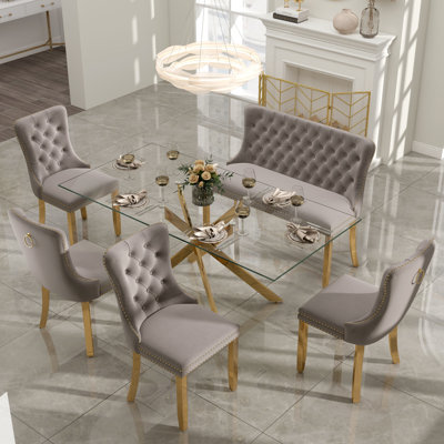 Luxury Dining Set with Hand-Tufted Velvet Bench & Chairs, 8mm Tempered Glass Table, Modern Furniture for Dining Area