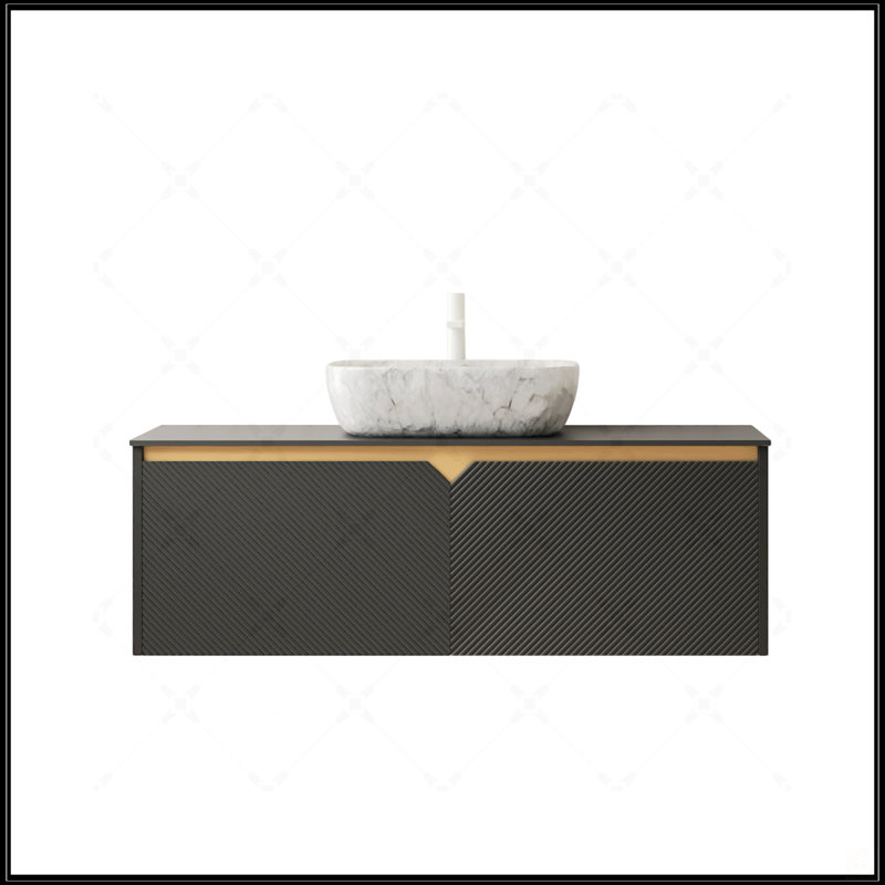 Meuble-lavabo mural de 48 po avec rangement en contreplaqué flottant, portes doubles en sergé, vasque en céramique à motif marbré et plateau en pierre frittée noire