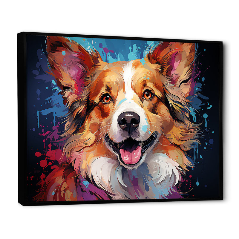 Corgi Charm I sur toile, Cadre flottant noir, H 44 po x l 34 po x P 1,5 po