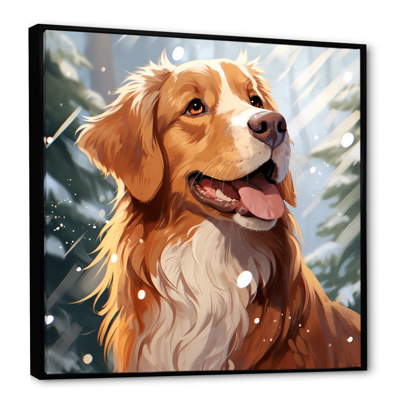 Winter Labrador Dog Happiness - Art mural chien, Cadre flottant noir, H 16 po x l 16 po x P 1 po