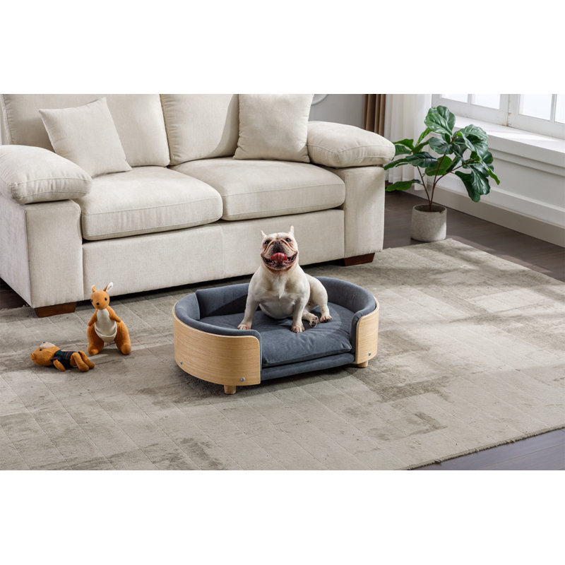 Canapé en velours pour chien avec pieds en bois et coussin moelleux, H 9,8 po x l 30,7 po x P 20,1 po, Gris foncé / naturel