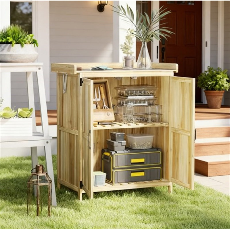 Garden Tool Shed,Wooden Potting Bench With 2 Doors,Outdoor Storage Cabinet,With Metal Tabletop And Shelf, Natural Wood