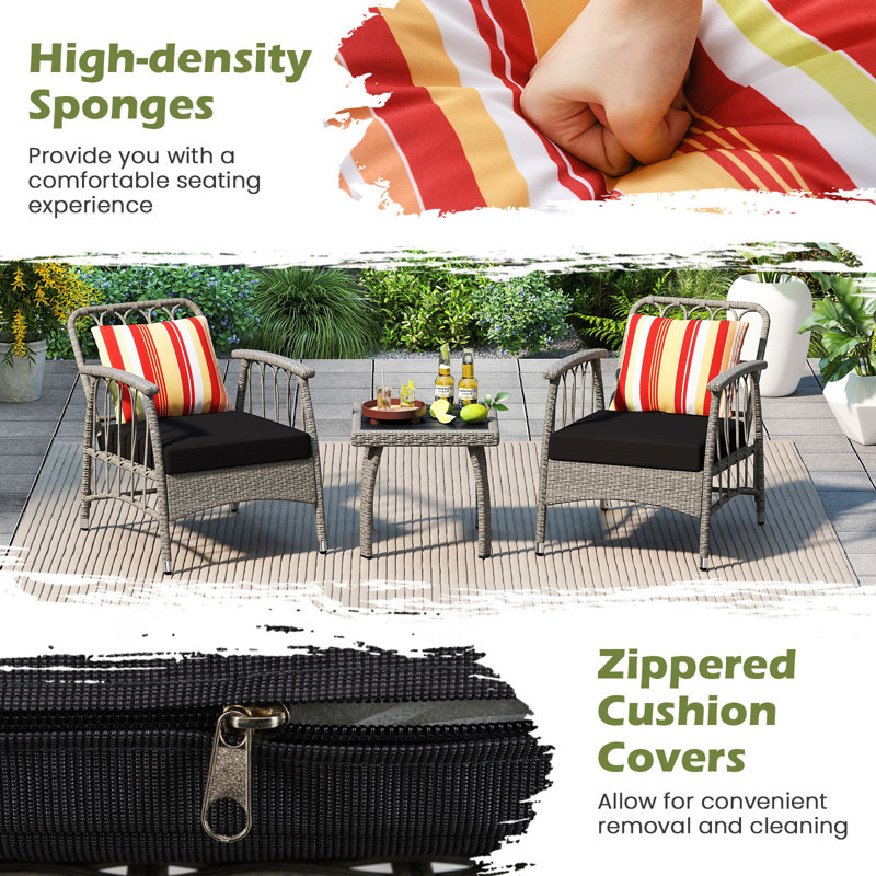 3 Pieces Grey Patio PE Wicker Furniture Set Outdoor Patio Table And Chairs Set