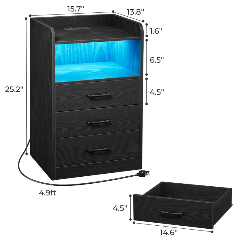 Ifsa Nightstand with Charging Station and LED Light Strips, End Table with USB Ports and Outlets, Black