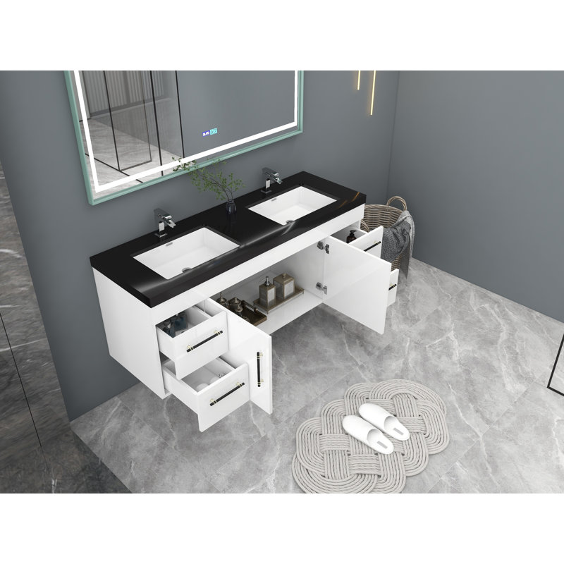 Campblin 60" Wall-Mounted Double Bathroom Vanity Set, High Gloss White, Matte Black