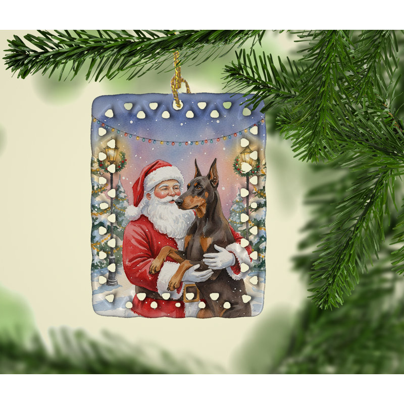 Ornement en porcelaine Doberman pinscher fauve avec père Noël, Doberman pinscher fauve