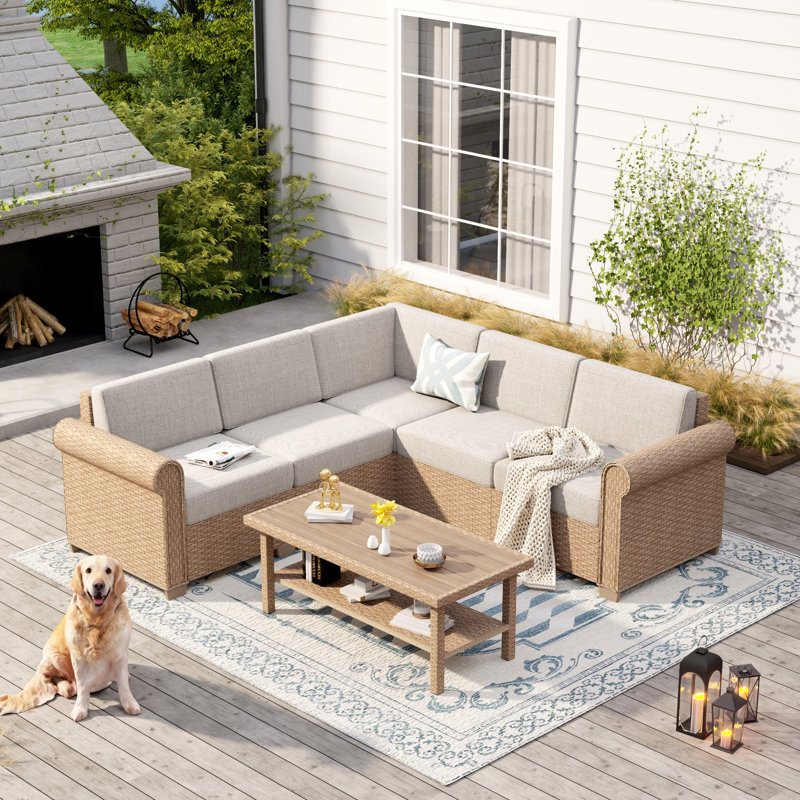 L Shape 5-seat Outdoor Conversation Sofa Set With Rattan
