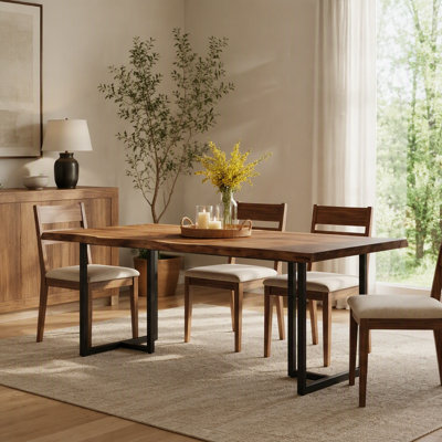 63″ Rectangular Solid Wood Dining Table for 4 to 6, Kitchen Table with Live Edge Top and U Frame