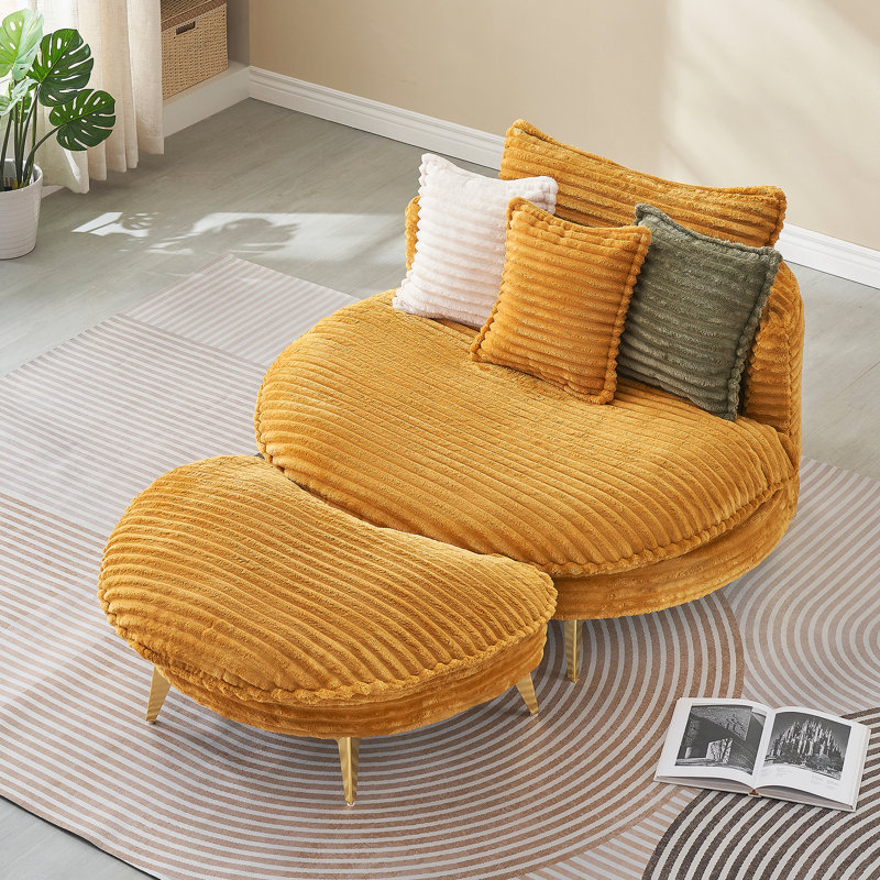 Oversized Reading Chair Upholstered Chaise Lounge Chair Barrel Chair with Ottoman, Yellow Corduroy