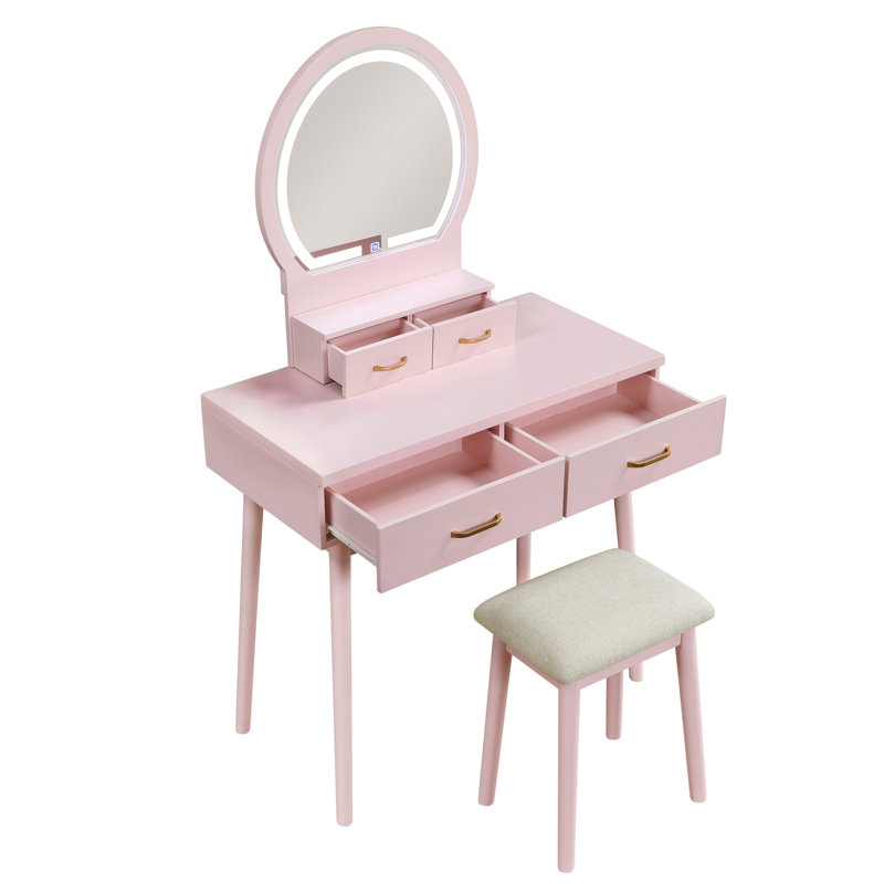 Ravishing Pink Vanity Dresser With Stool And Mirror - Bedroom Item For Mirror, & Practical Drawers, Pink