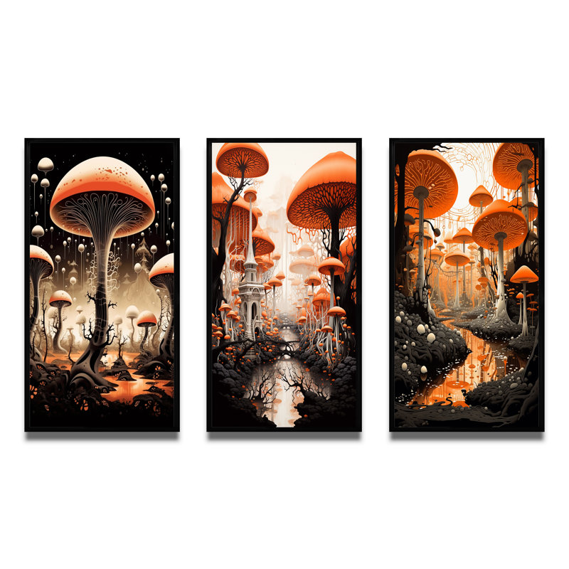 «Magical Red Mushroom Retro Illustration», 3 pièces sur toile, Cadre flottant noir, H 32 po x l 48 po
