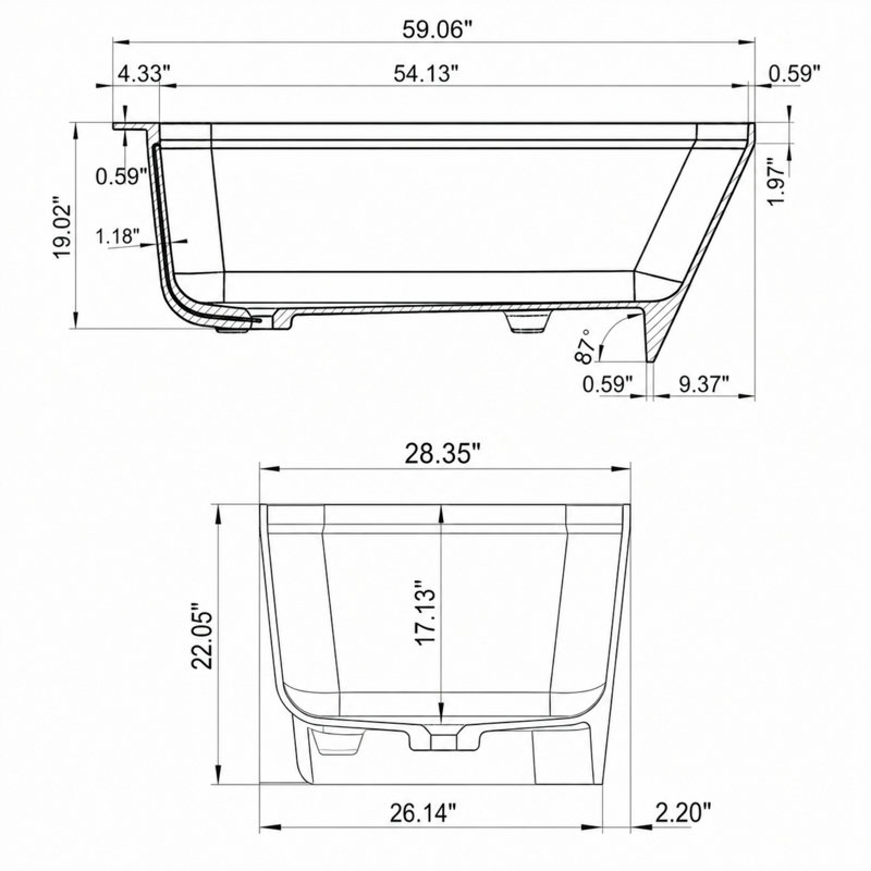 Baignoire en résine 59 po, surface solide blanc mat