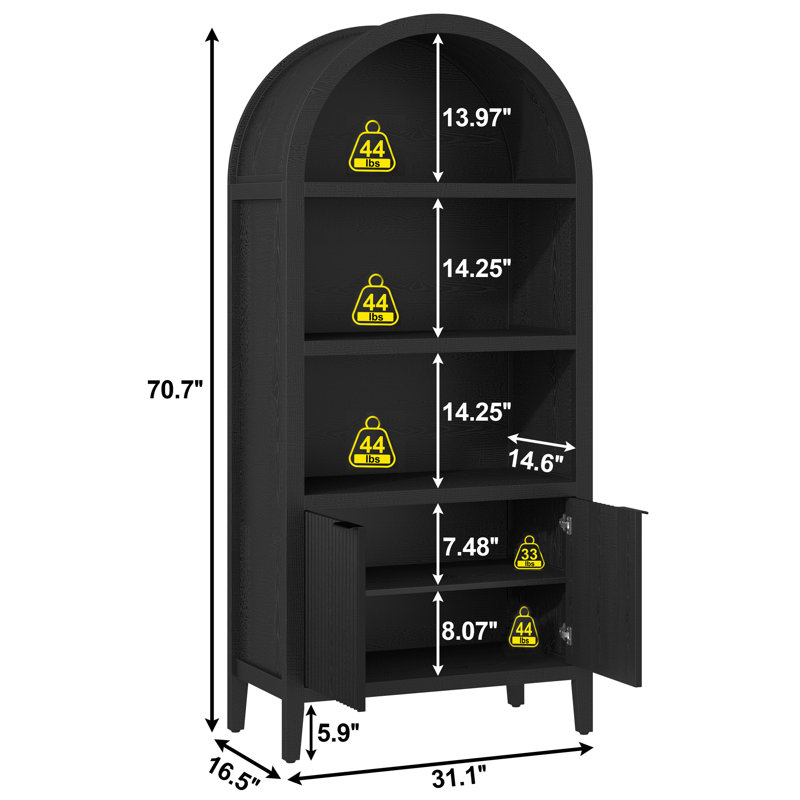 71" Arched Storage Bookcase, Display Cabinet, Black Wood Grain