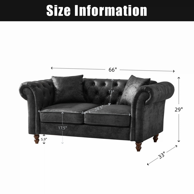 66" Chesterfield Sofa Upholstered Loveseat Couch With Throw Pillows For Living Room, Bedroom, Or Office, Black