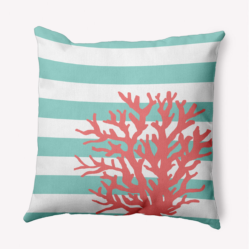Coussin intérieur / extérieur Leafy Branch, H 16 po x l 16 po, Bleu bébé / blanc / rayé rose