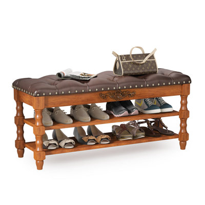Banc de rangement en bois massif avec siège en cuir touffeté, banc à chaussures à 2 niveaux avec plateau relevable