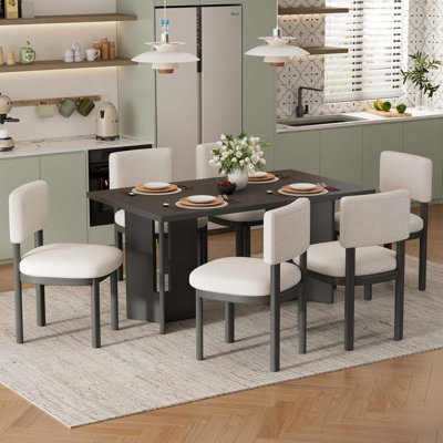 Wood Dining Table Set for 6 with 6 Upholstered Chairs, 60" Rectangular Dining Table with Cutout Table Legs